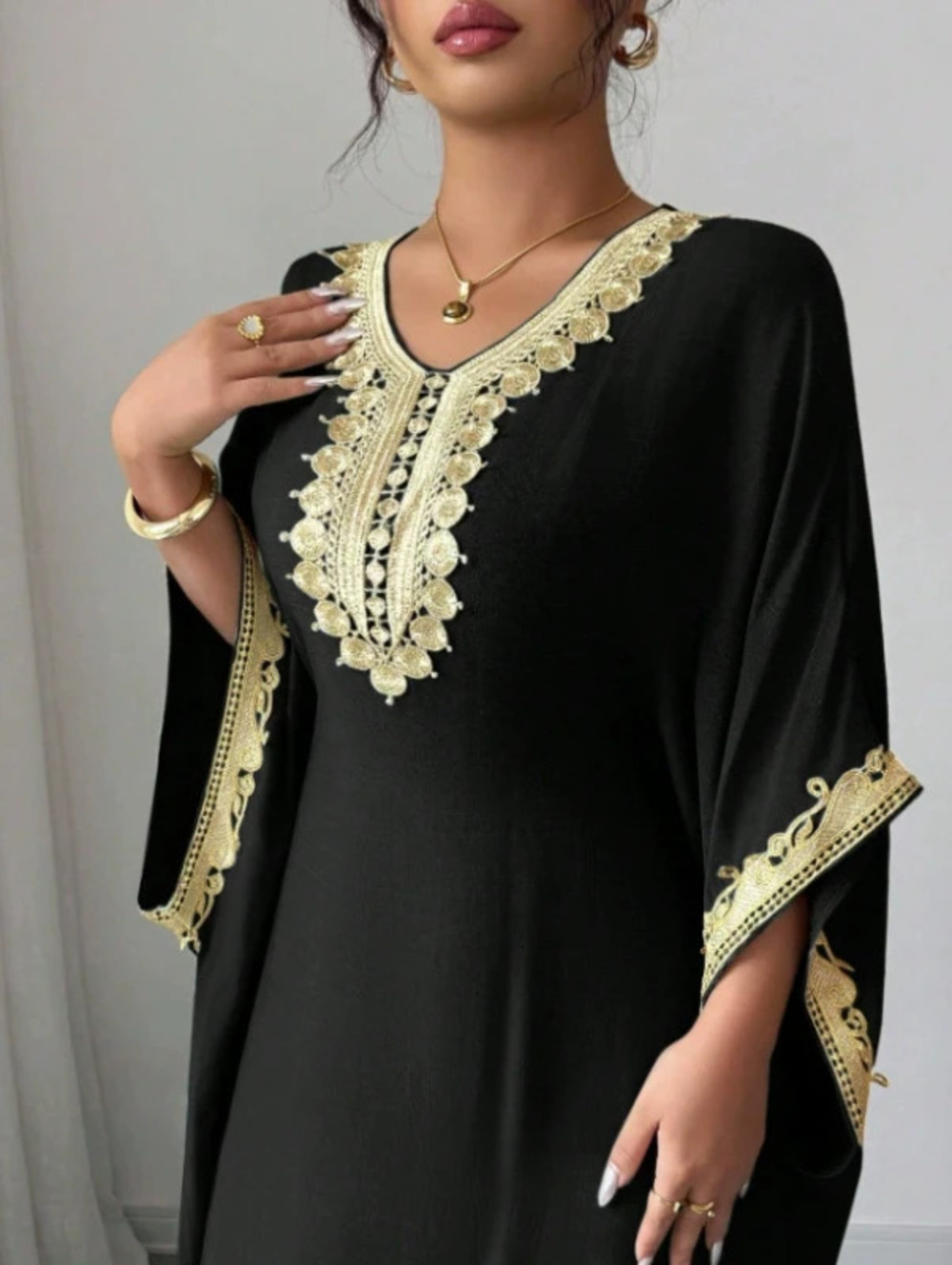 Gold Embroidered Batwing Sleeve Maxi Robe Dress